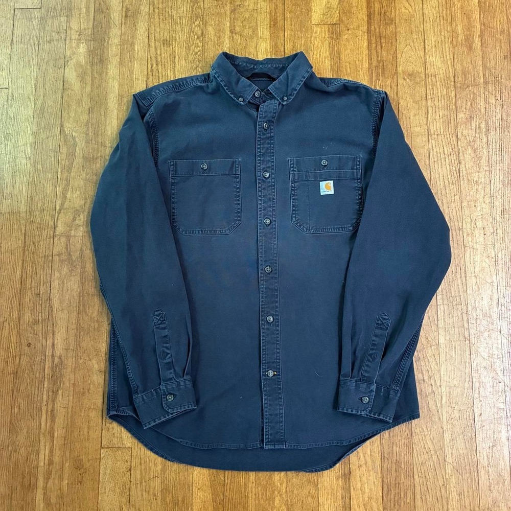 Carhartt Rugged Flex Relaxed Fit Navy Blue Workwear Button Up Shirt Mens Large